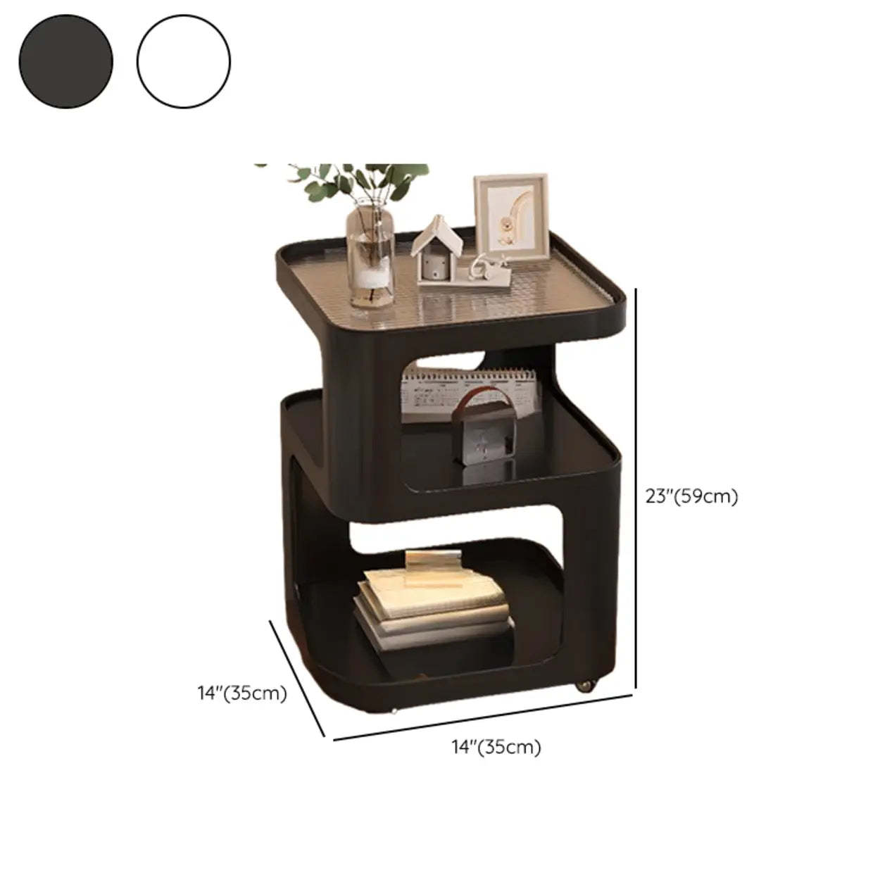 Modern curved rolling white nightstands in glass metal wood
