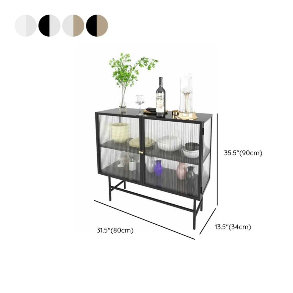 Black Metal Cabinet Shelf Buffet with Glass Doors — White-Clear