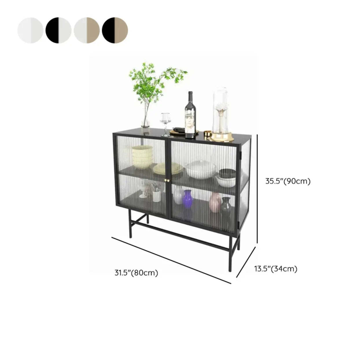 Black Metal Cabinet Shelf Buffet with Glass Doors — White-Clear