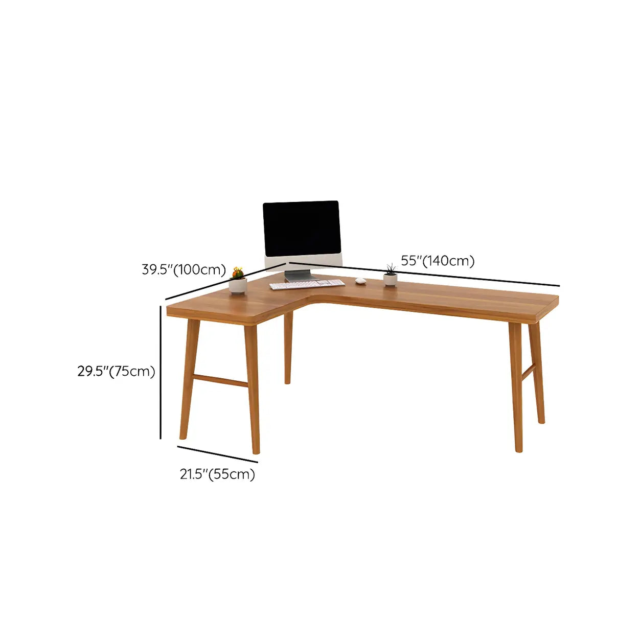 Brown L-Shape Pine Wood H-Base Writing Desk — Right Hand Return / Table Only