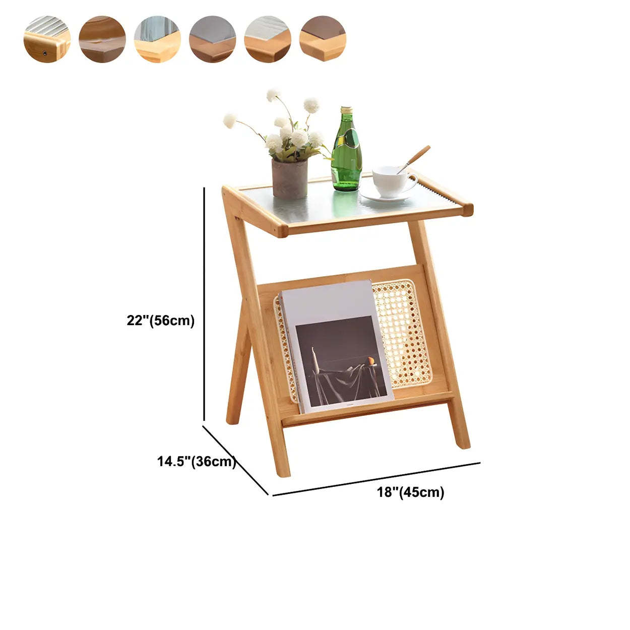 Z-Shaped Natural Rattan Small Nightstand with Glass Top