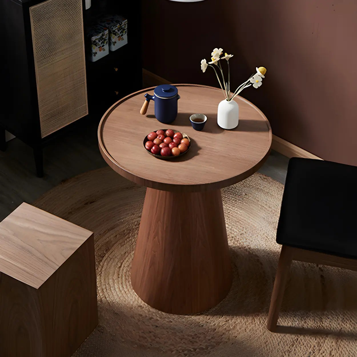 Dark Coffee Pine Wood Pedestal Round Coffee Table