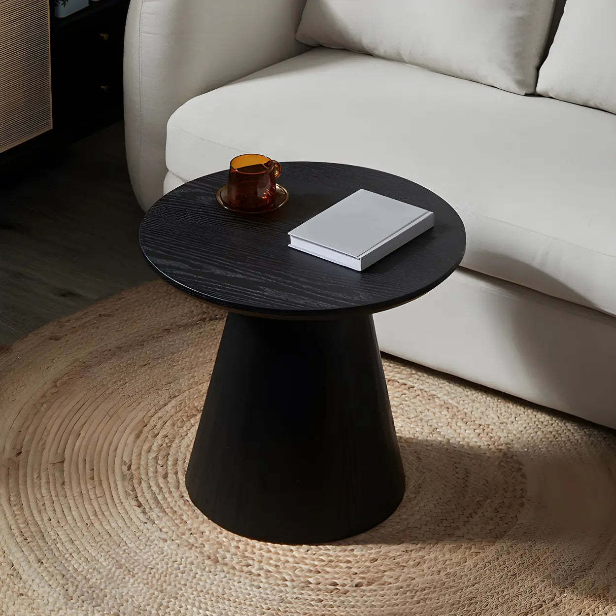 Dark Coffee Pine Wood Pedestal Round Coffee Table — Yellow
