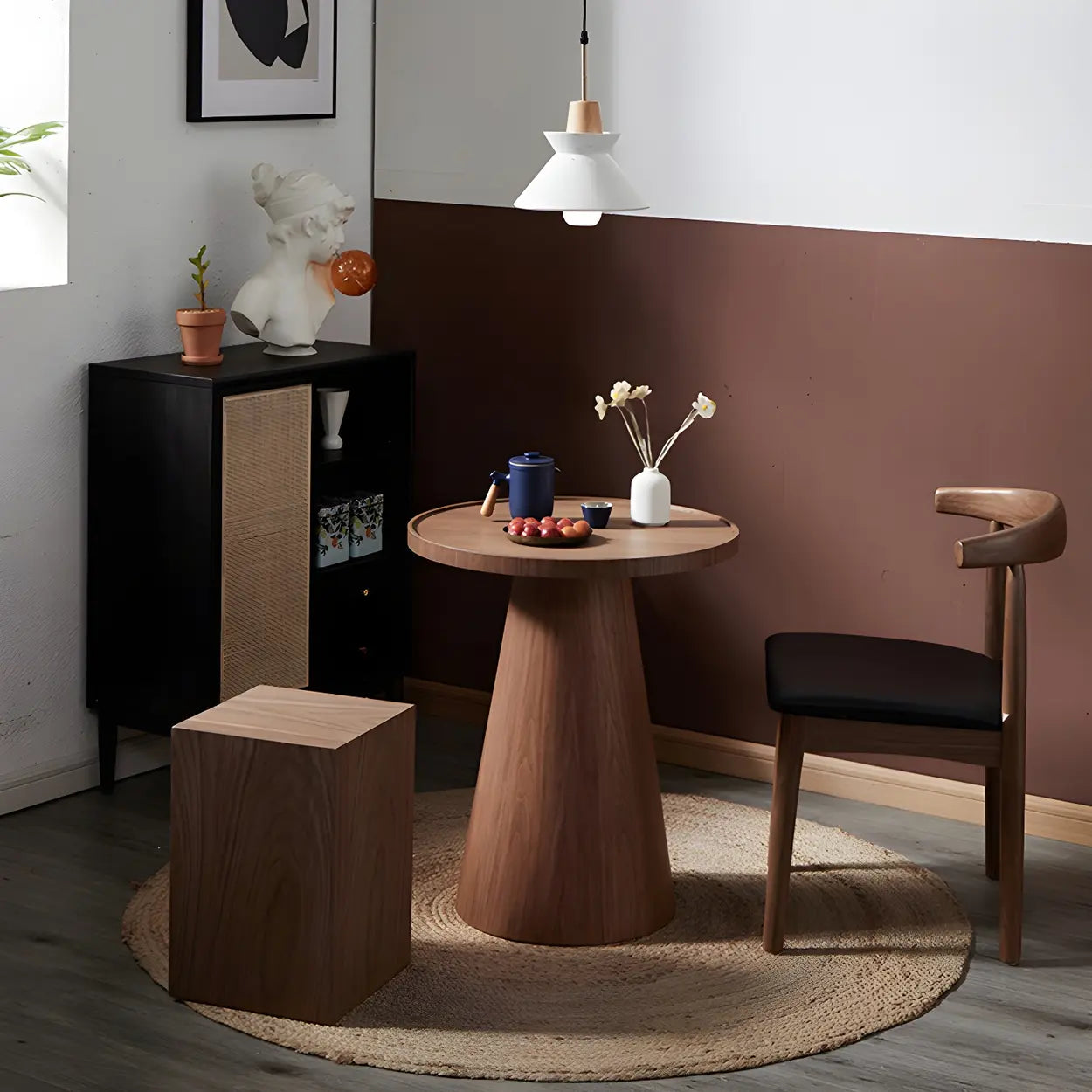 Dark Coffee Pine Wood Pedestal Round Coffee Table — Matte Black