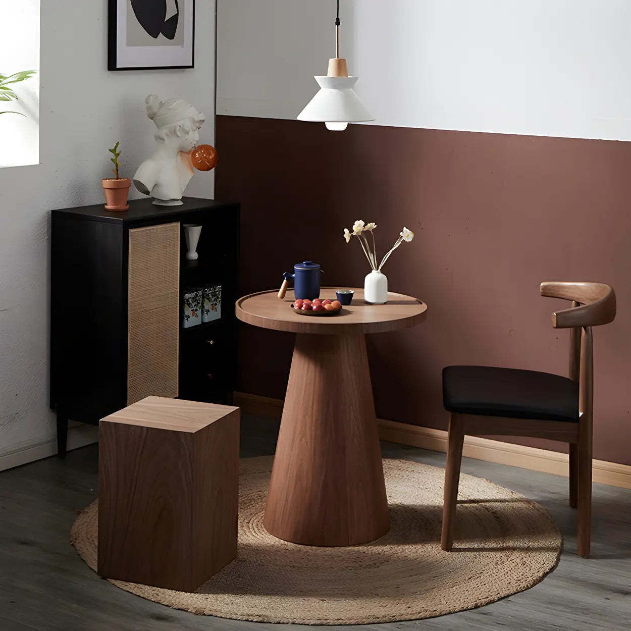 Dark Coffee Pine Wood Pedestal Round Coffee Table — Matte Black