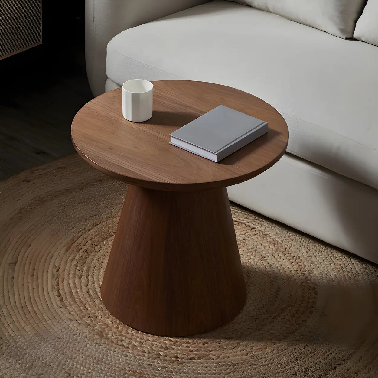 Dark Coffee Pine Wood Pedestal Round Coffee Table — Wood Color
