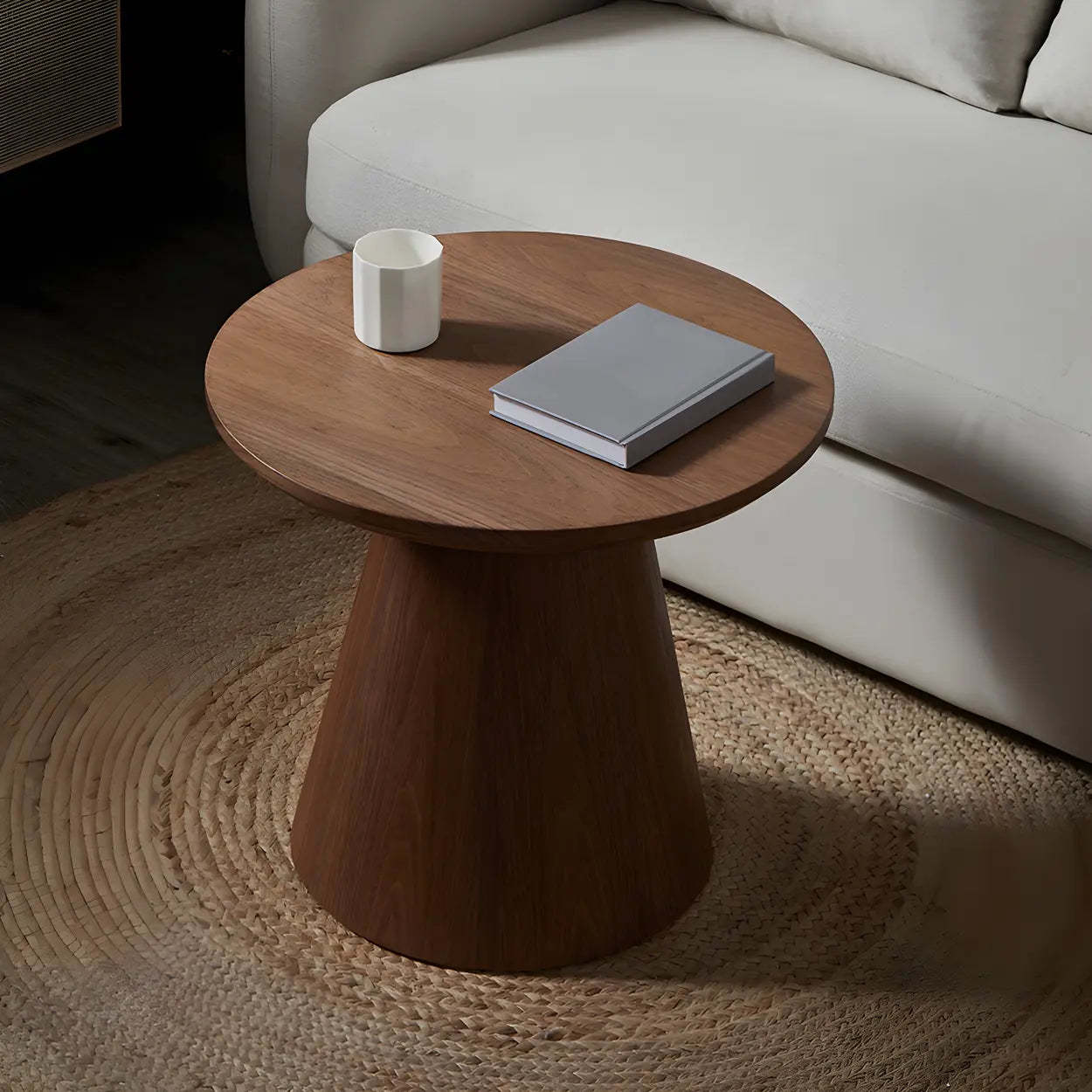 Dark Coffee Pine Wood Pedestal Round Coffee Table — Wood Color