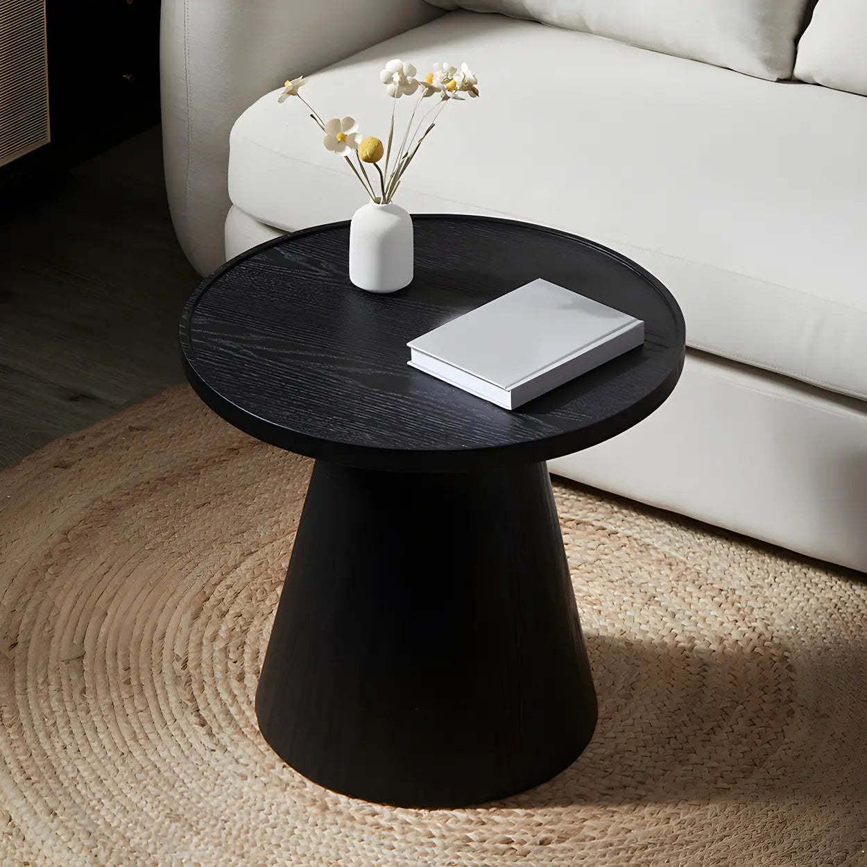Dark Coffee Pine Wood Pedestal Round Coffee Table — Black