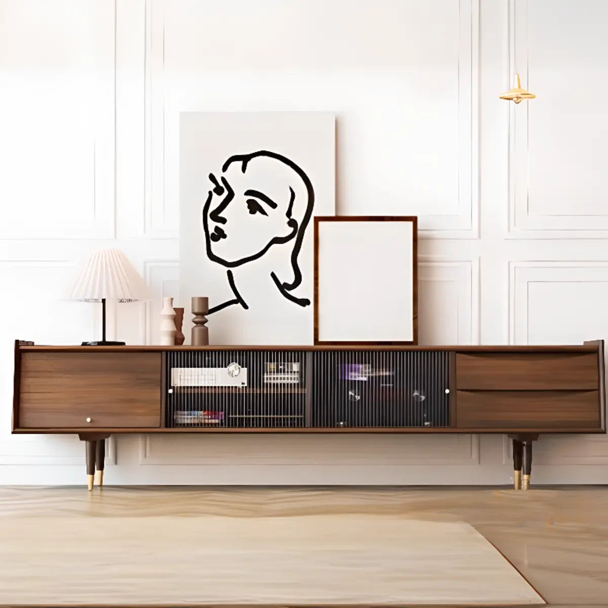 Dark Walnut Wood Drawer Shelf Cabinet TV Stand — Cherry Wood