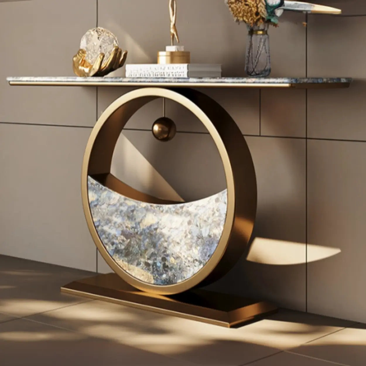 Decorative Abstract Oval Marble Bronze Console Table — Rock Beam