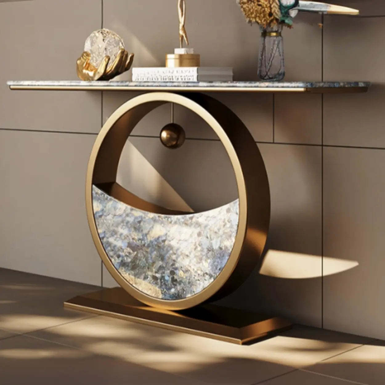 Decorative Abstract Oval Marble Bronze Console Table — Rock Beam