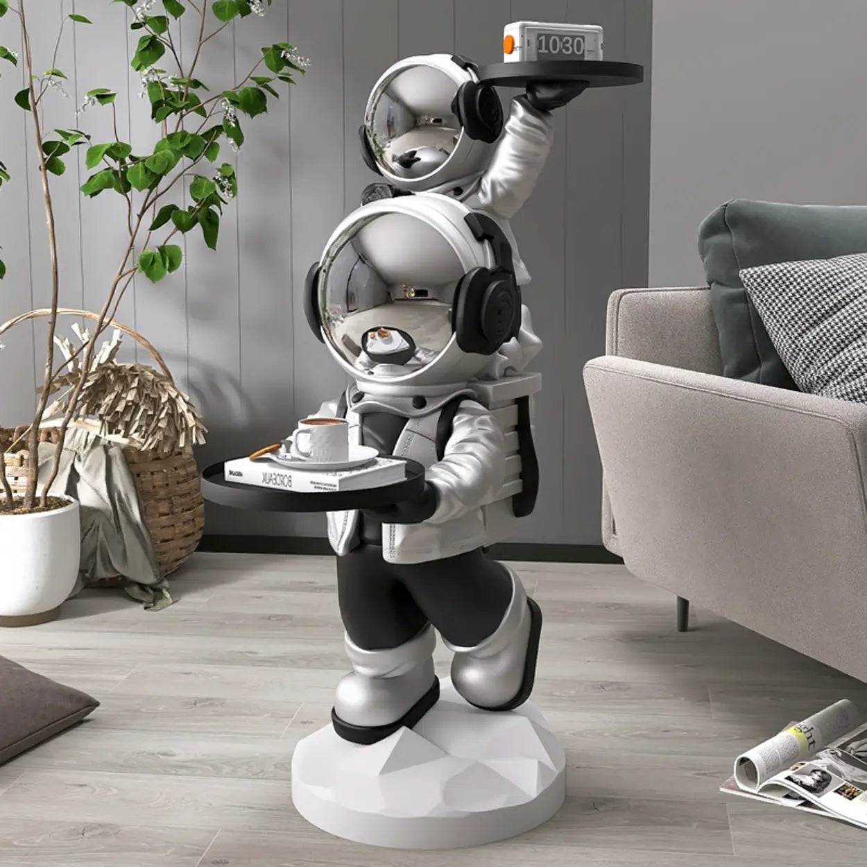 Decorative Astronaut Resin Gold 2-Shelf Side Table — Silver