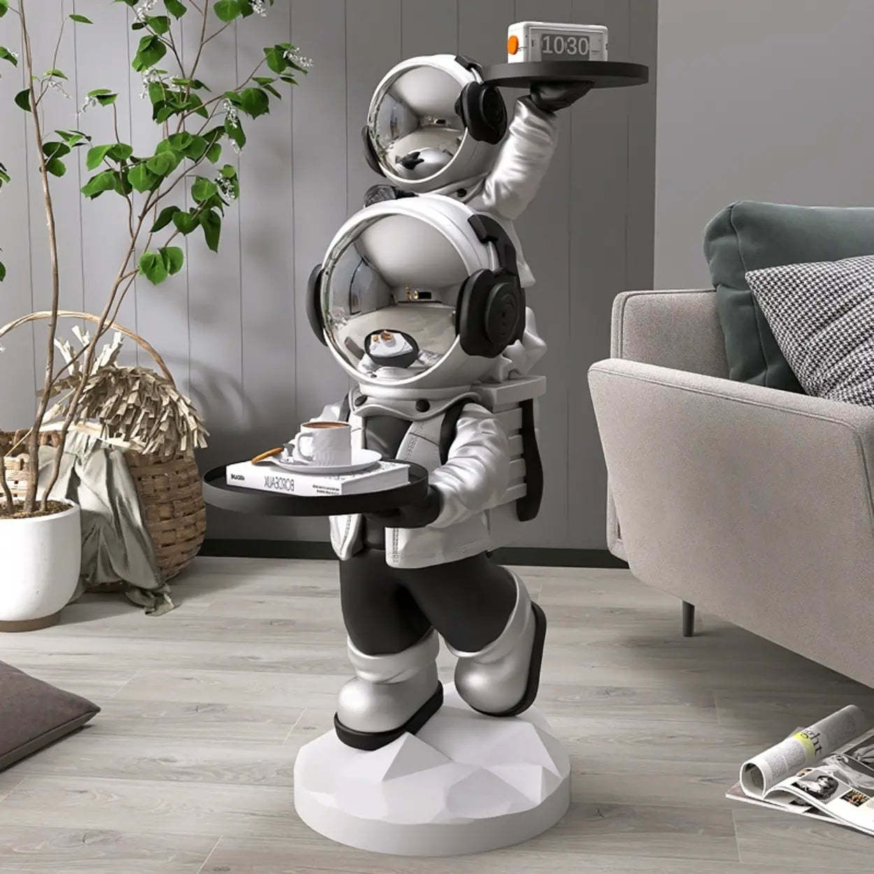 Decorative Astronaut Resin Gold 2-Shelf Side Table — Silver