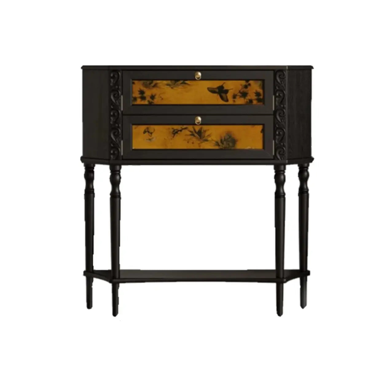 French ornate black wood end & side tables — 51"L x 8"W x 35"H