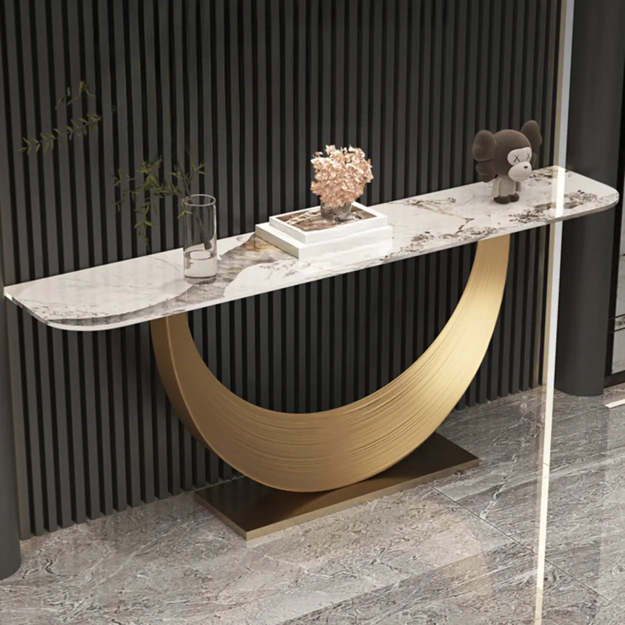 Curved Marble-Top Gold Console Table
