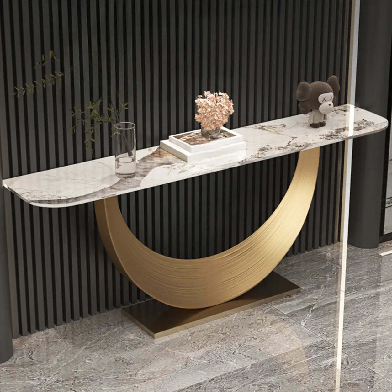 Curved Marble-Top Gold Console Table — Gold