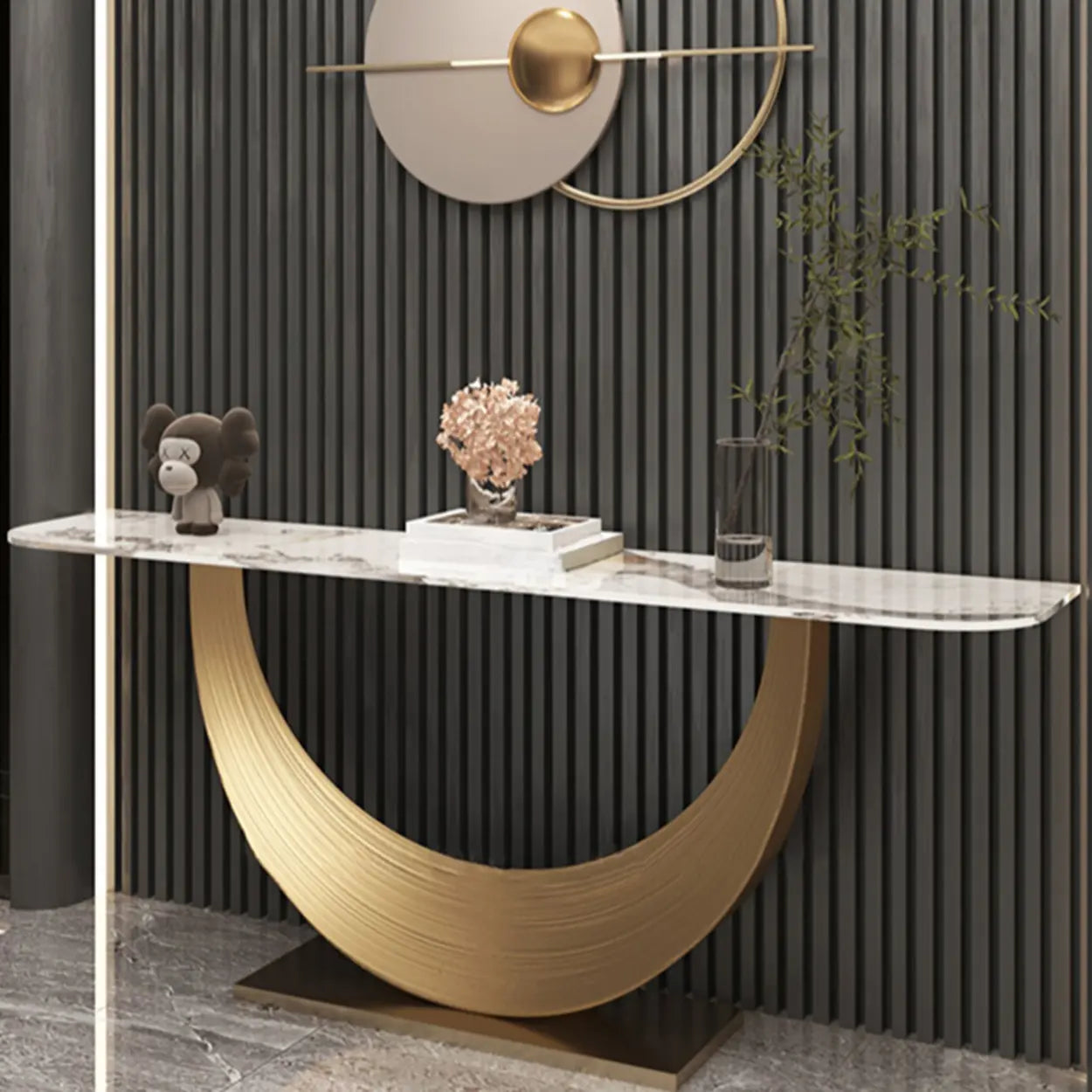 Curved Marble-Top Gold Console Table — Gray