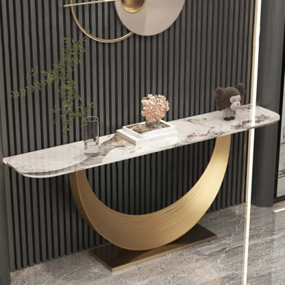 Curved Marble-Top Gold Console Table — Gold