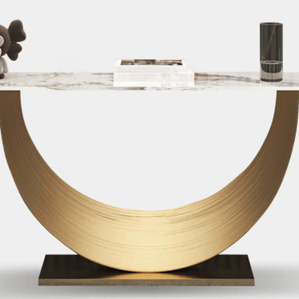 Curved Marble-Top Gold Console Table — Gray