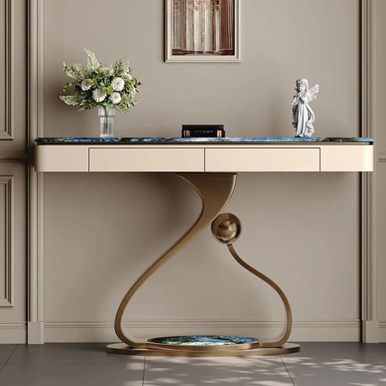 Curved Stone Console Table with Storage — White