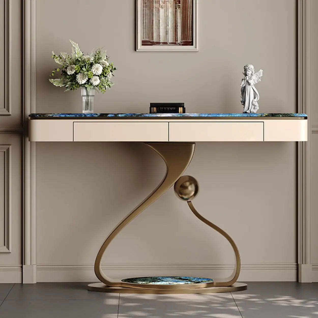 Curved Stone Console Table with Storage — White