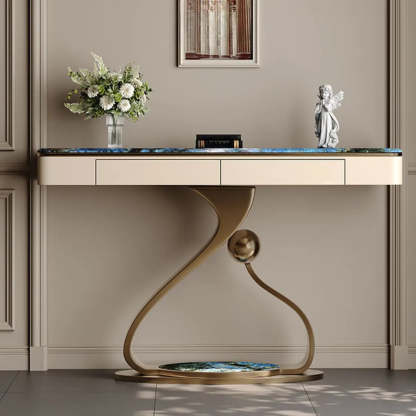 Curved Stone Console Table with Storage — White
