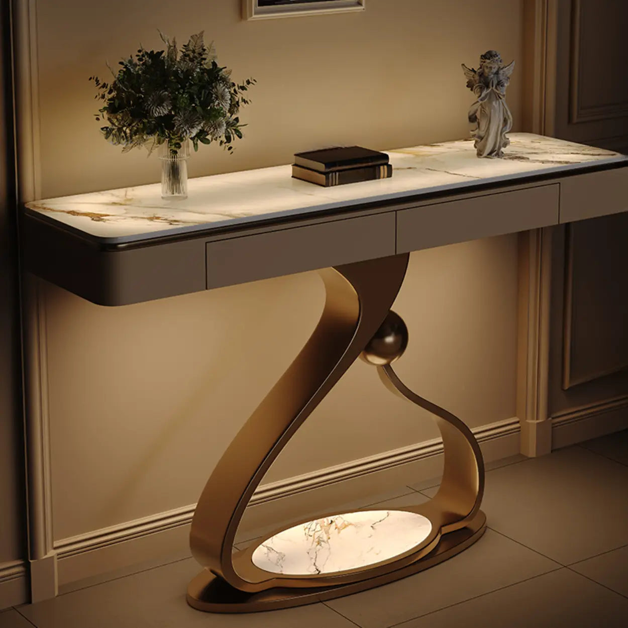 Curved Stone Console Table with Storage — White/ Brown