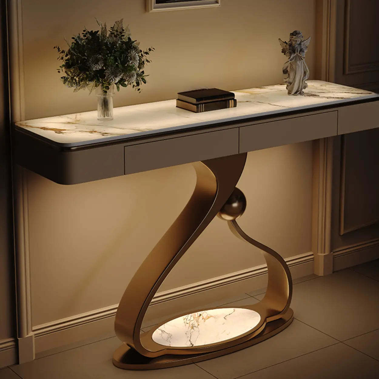 Curved Stone Console Table with Storage — White/ Brown
