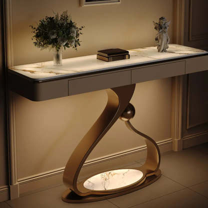 Curved Stone Console Table with Storage — White/ Brown