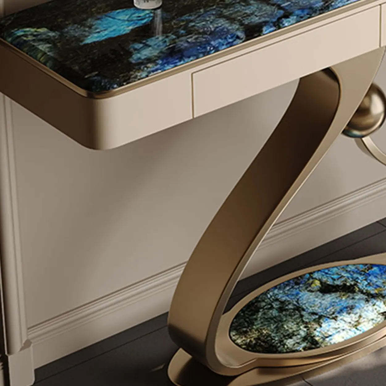 Curved Stone Console Table with Storage — White