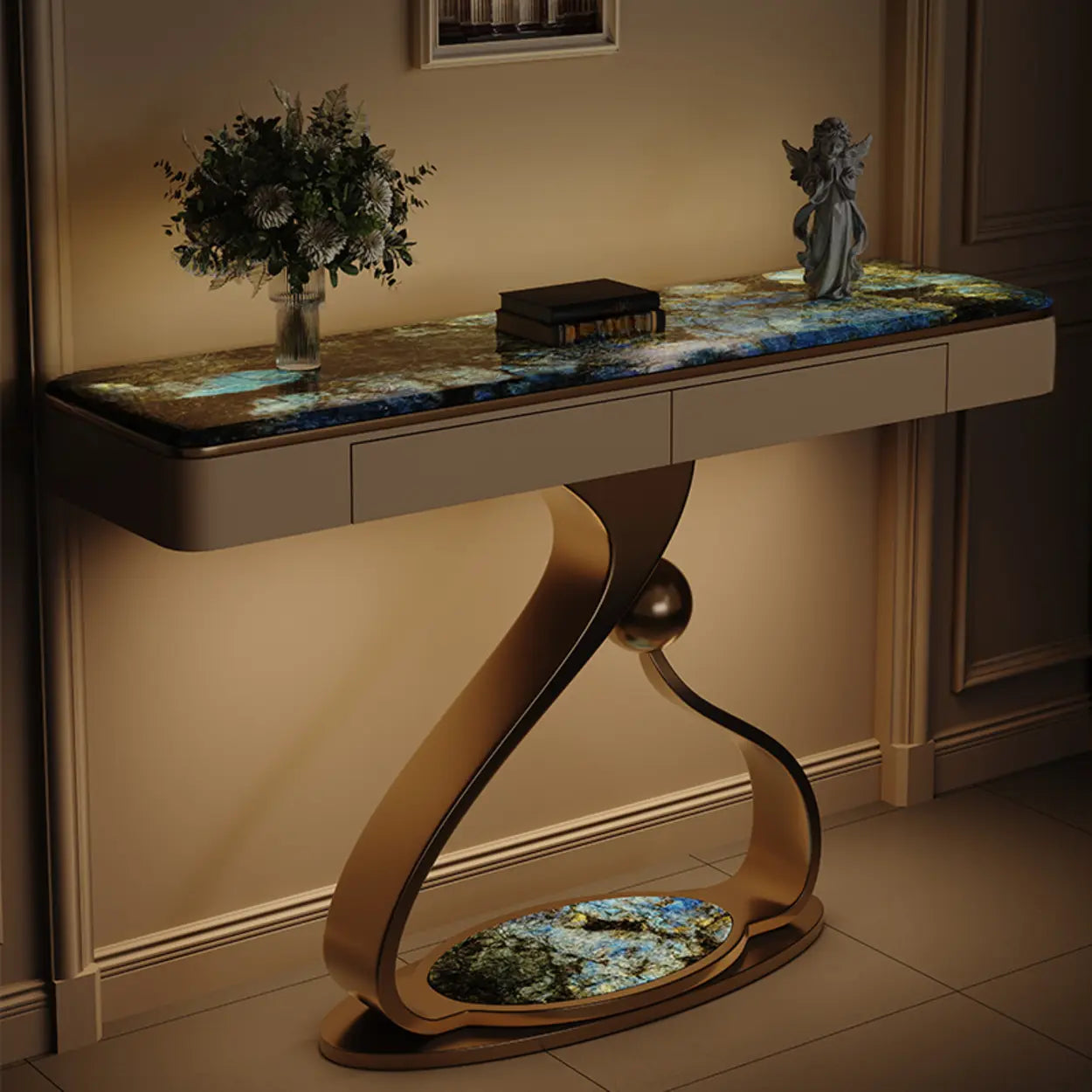 Curved Stone Console Table with Storage — Blue
