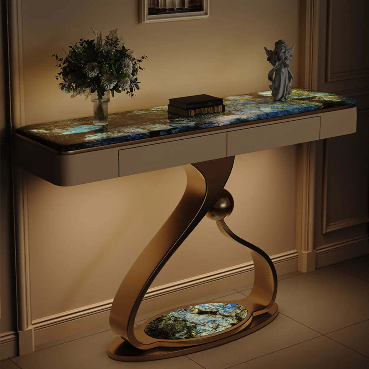 Curved Stone Console Table with Storage — Blue
