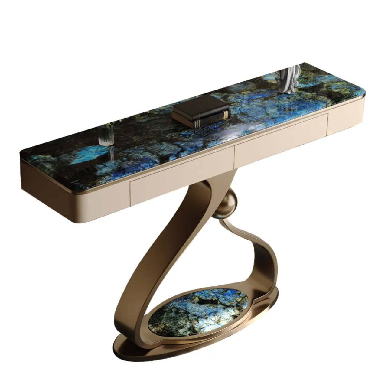 Curved Stone Console Table with Storage — White/ Brown