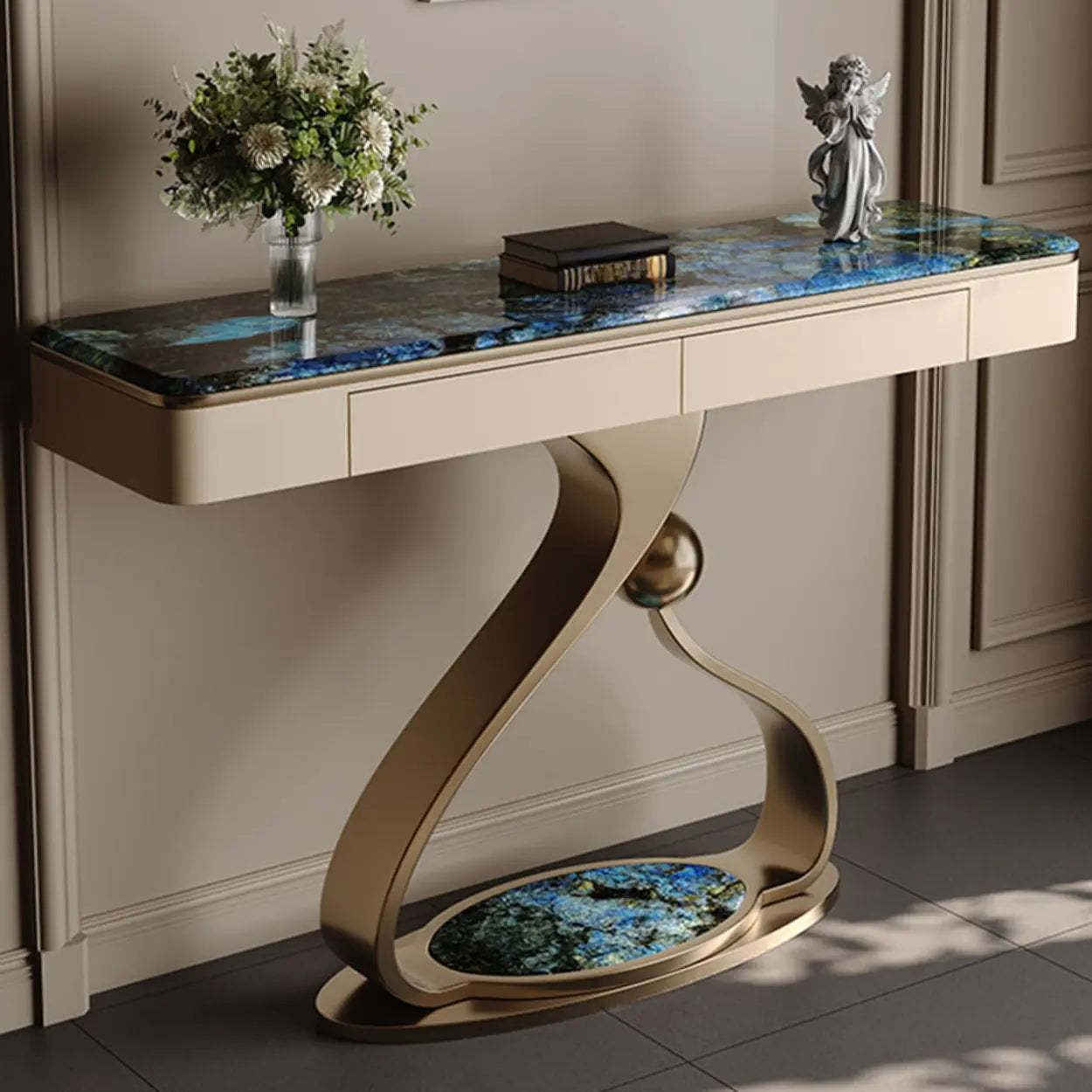 Curved Stone Console Table with Storage — White/ Brown