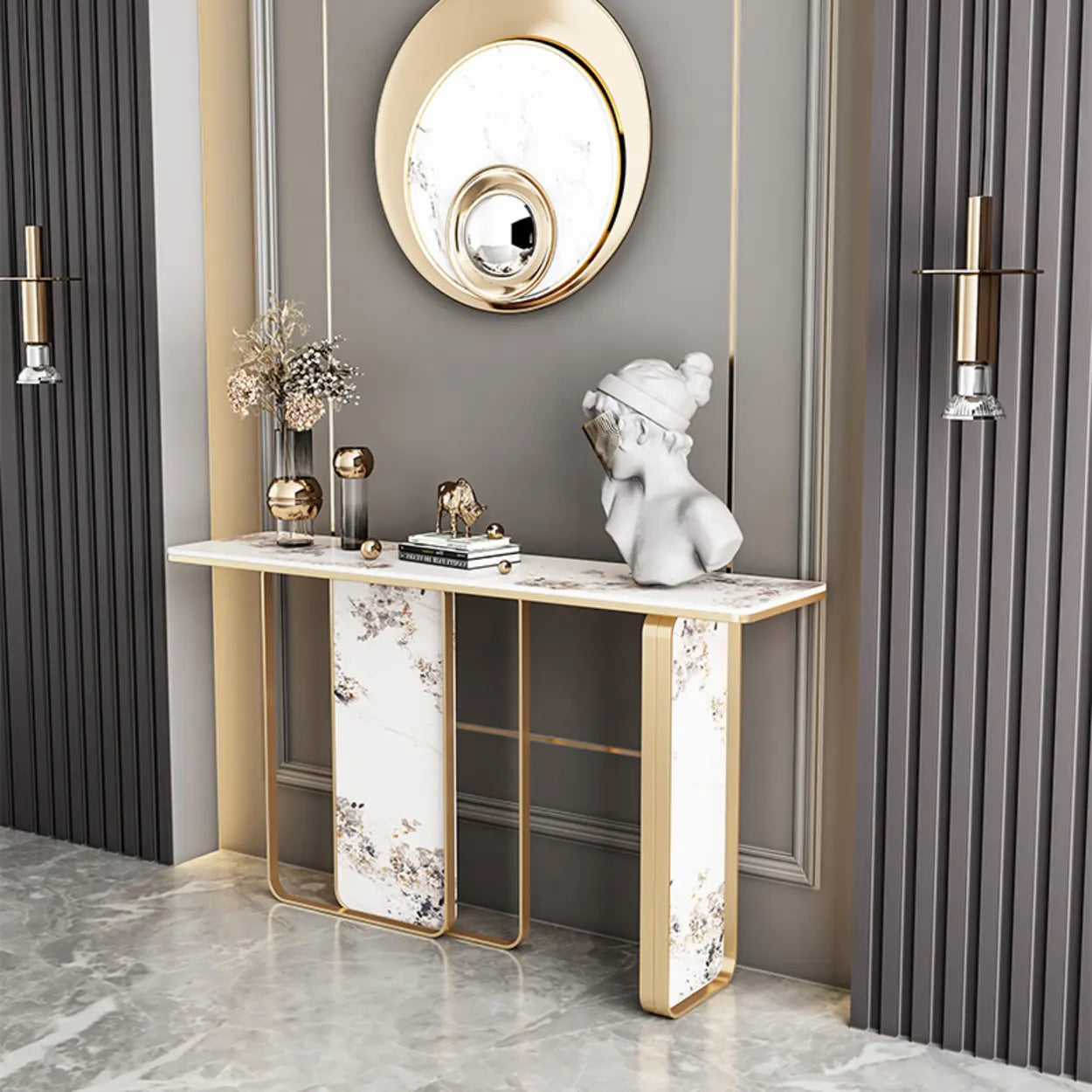 Decorative Geometric Stone Top and Gold Console Table