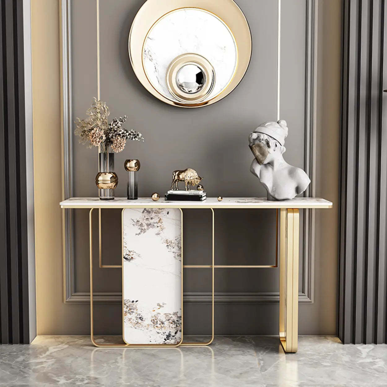 Decorative Geometric Stone Top and Gold Console Table