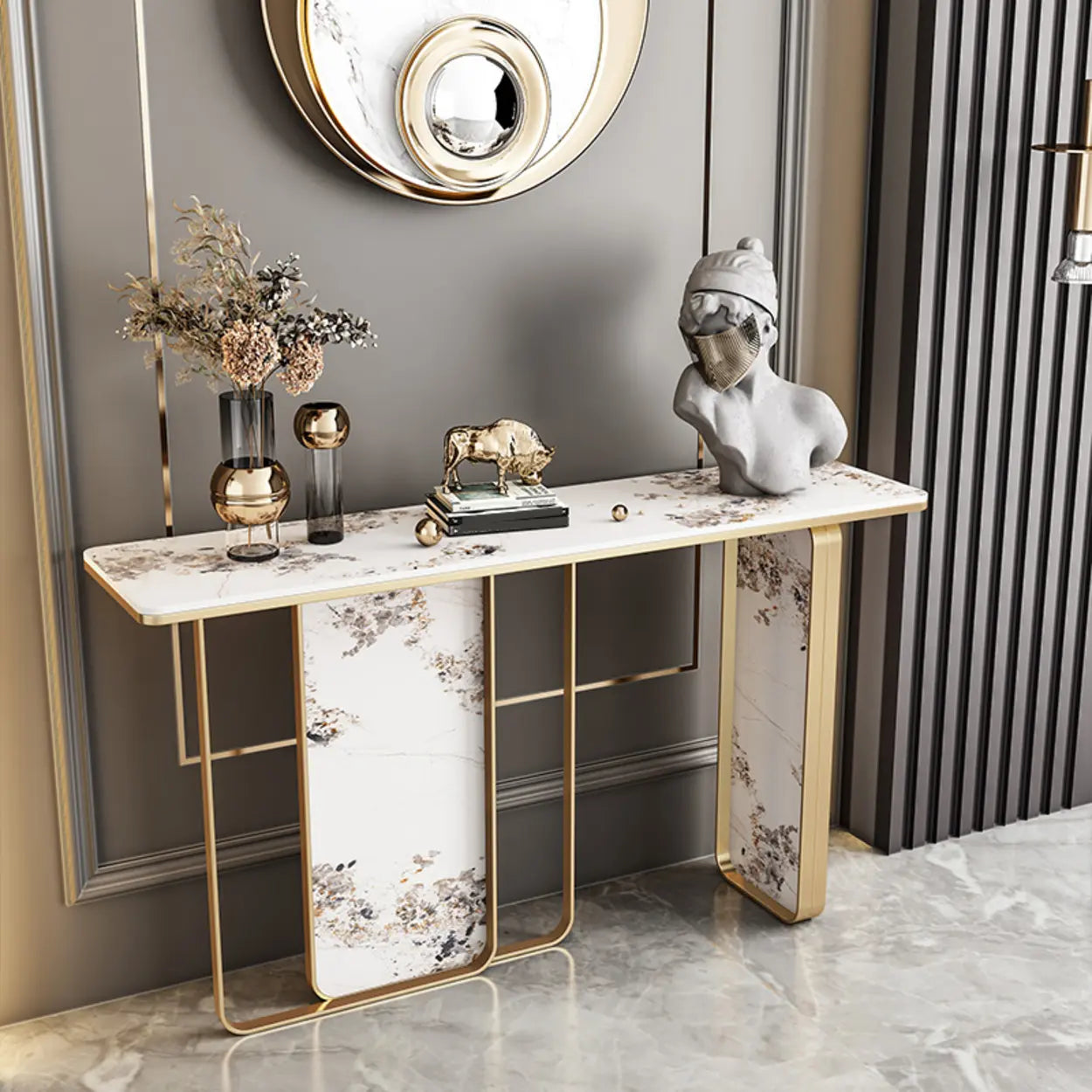 Decorative Geometric Stone Top and Gold Console Table