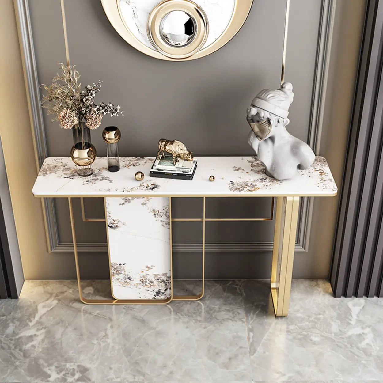 Decorative Geometric Stone Top and Gold Console Table