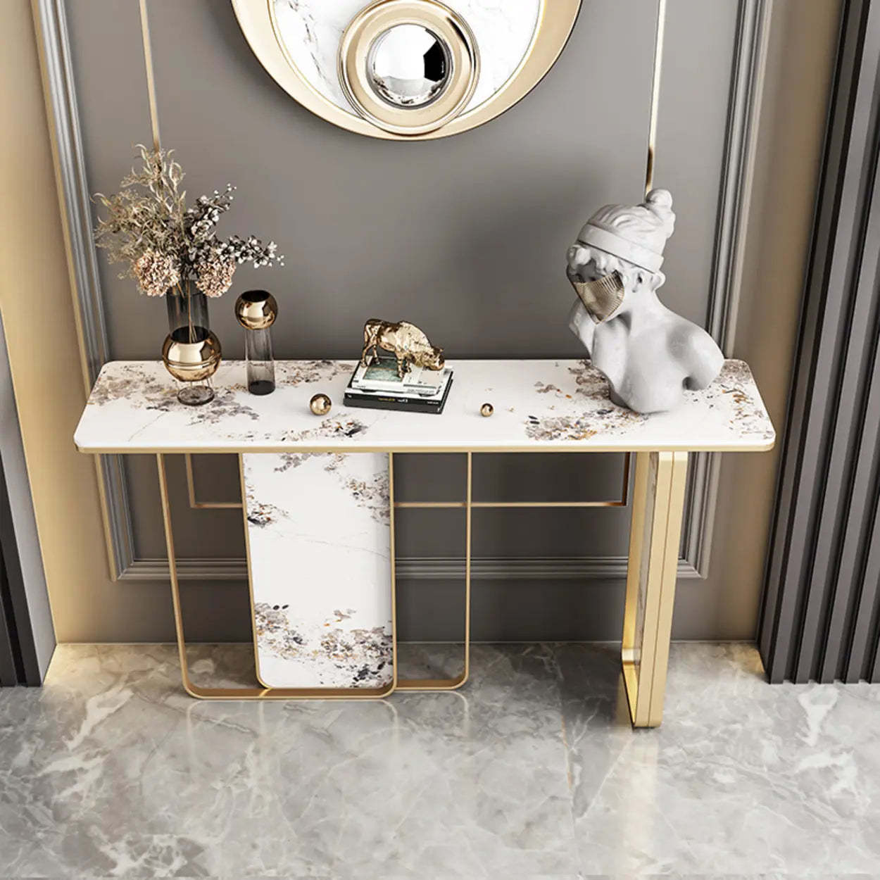 Decorative Geometric Stone Top and Gold Console Table