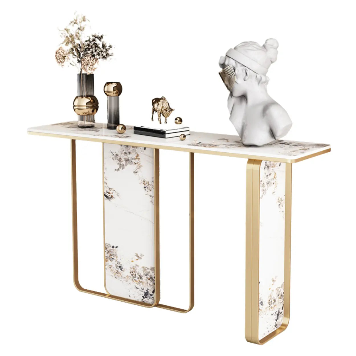 Decorative Geometric Stone Top and Gold Console Table