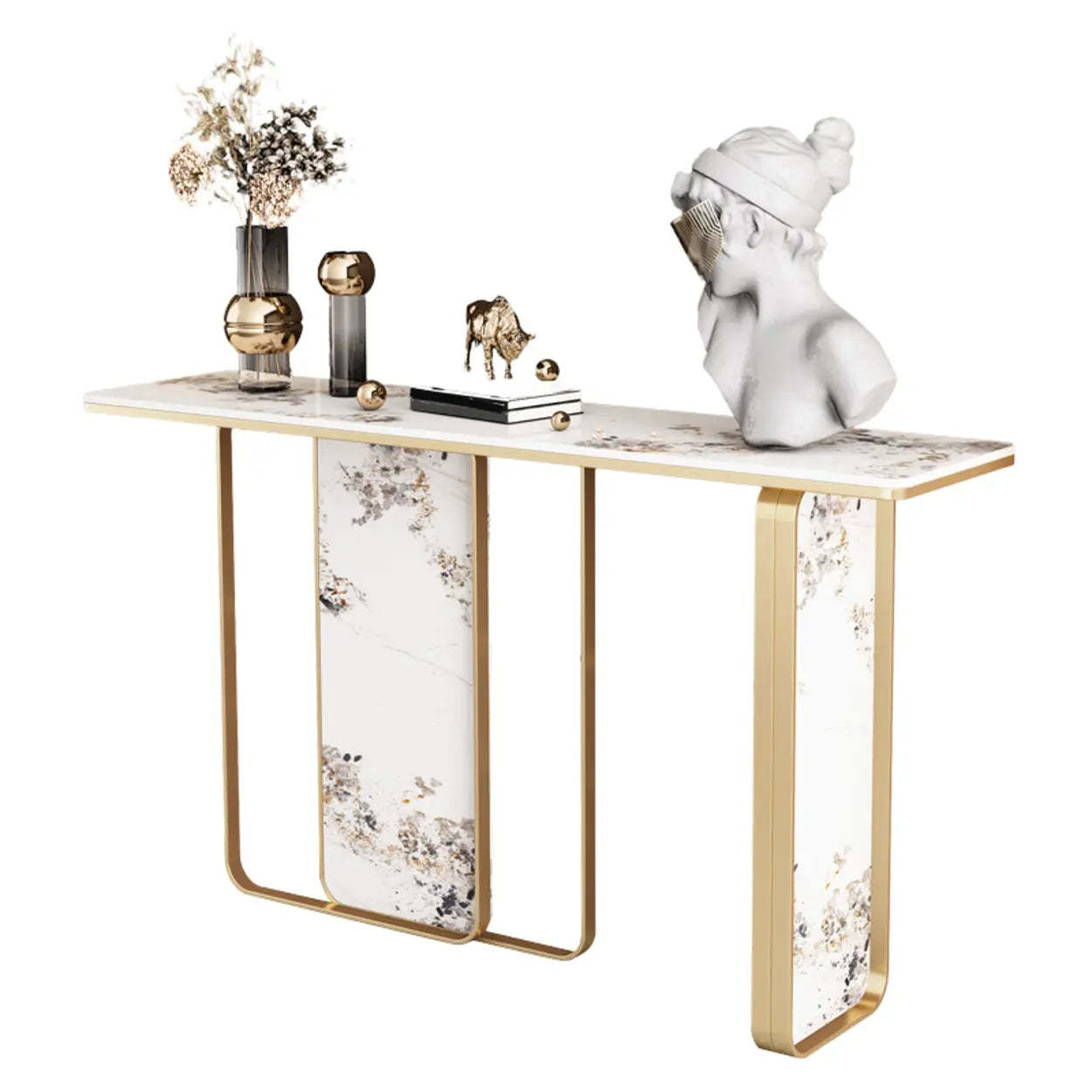 Decorative Geometric Stone Top and Gold Console Table