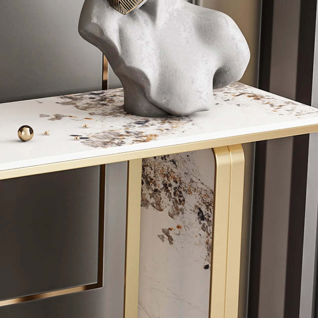 Decorative Geometric Stone Top and Gold Console Table