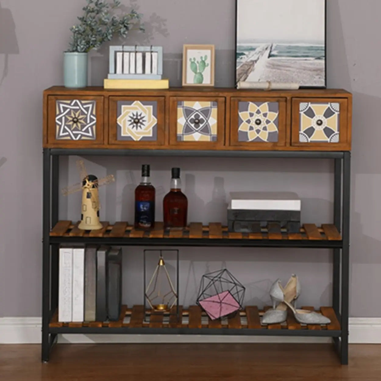 Decorative Geometric Brown Wood Storage Console Table