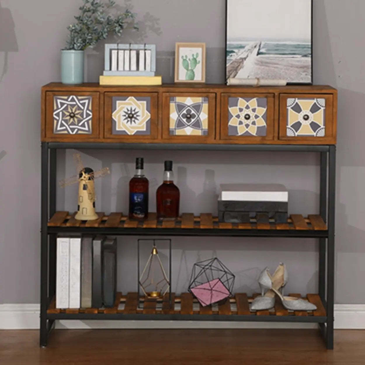 Decorative Geometric Brown Wood Storage Console Table