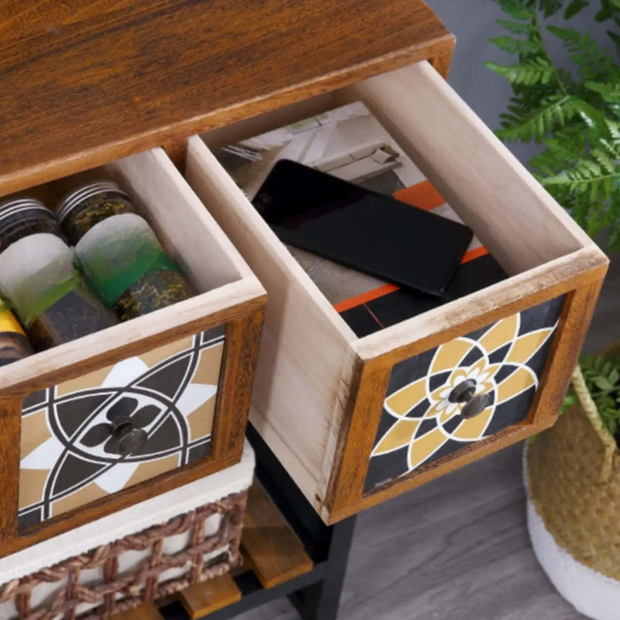 Decorative Geometric Brown Wood Storage Console Table