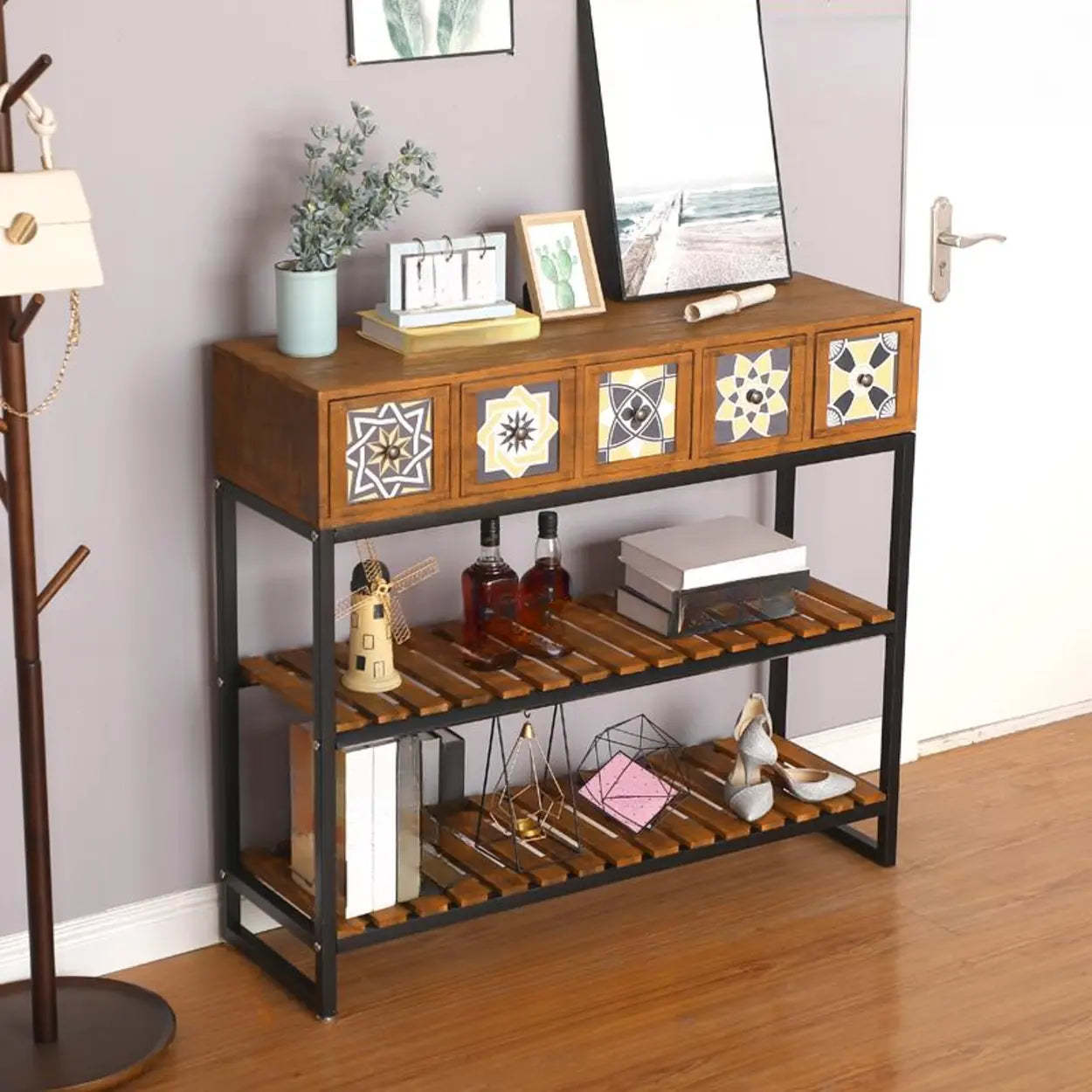 Decorative Geometric Brown Wood Storage Console Table