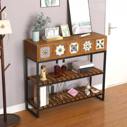 Decorative Geometric Brown Wood Storage Console Table