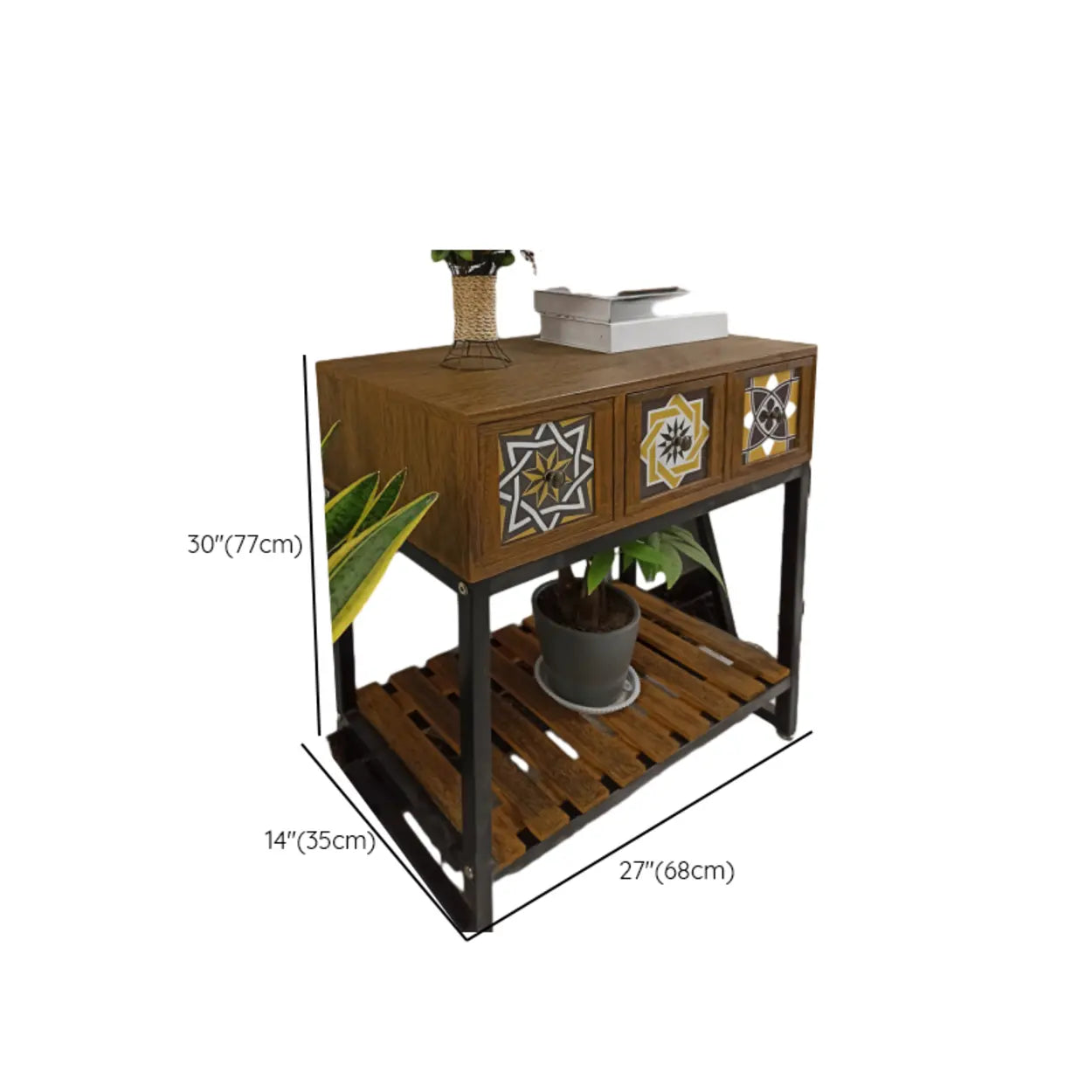 Decorative Geometric Brown Wood Storage Console Table