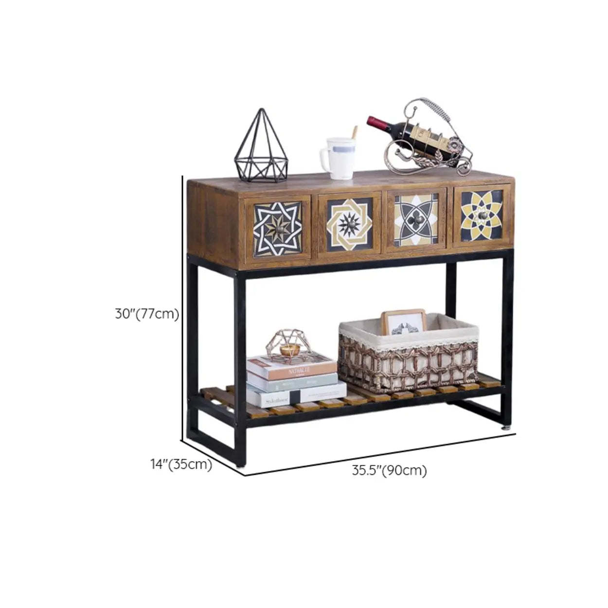 Decorative Geometric Brown Wood Storage Console Table
