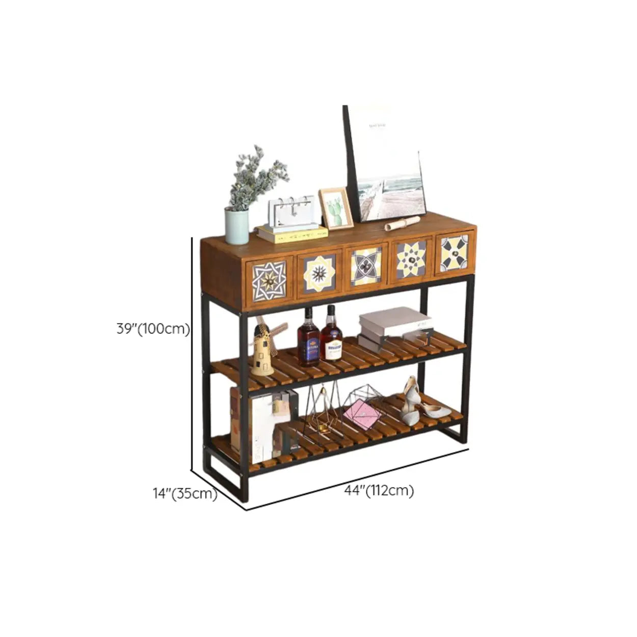 Decorative Geometric Brown Wood Storage Console Table